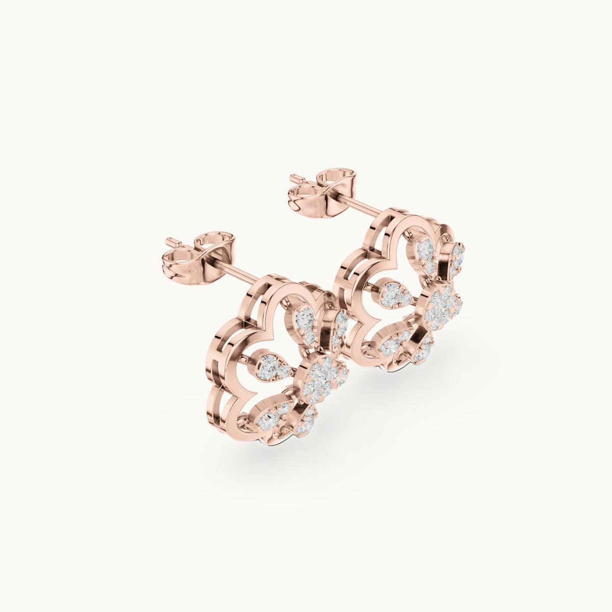 Round lab-grown diamond open flower stud earrings in rose gold, 0.592 CT TW, view 1