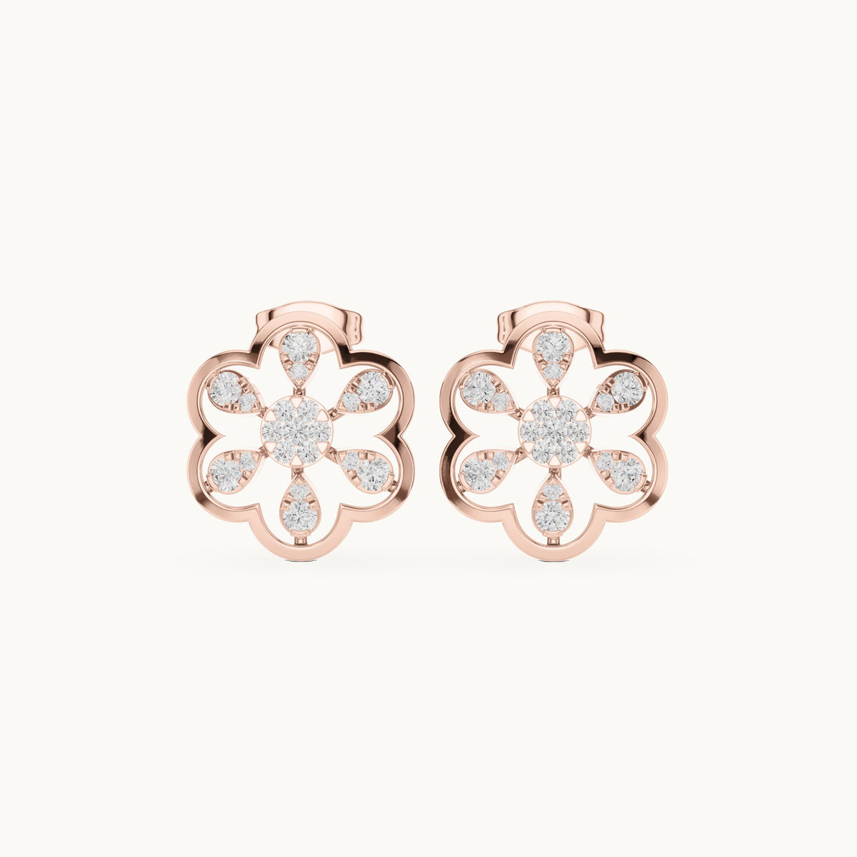 Round lab-grown diamond open flower stud earrings in rose gold, 0.592 CT TW, view 4