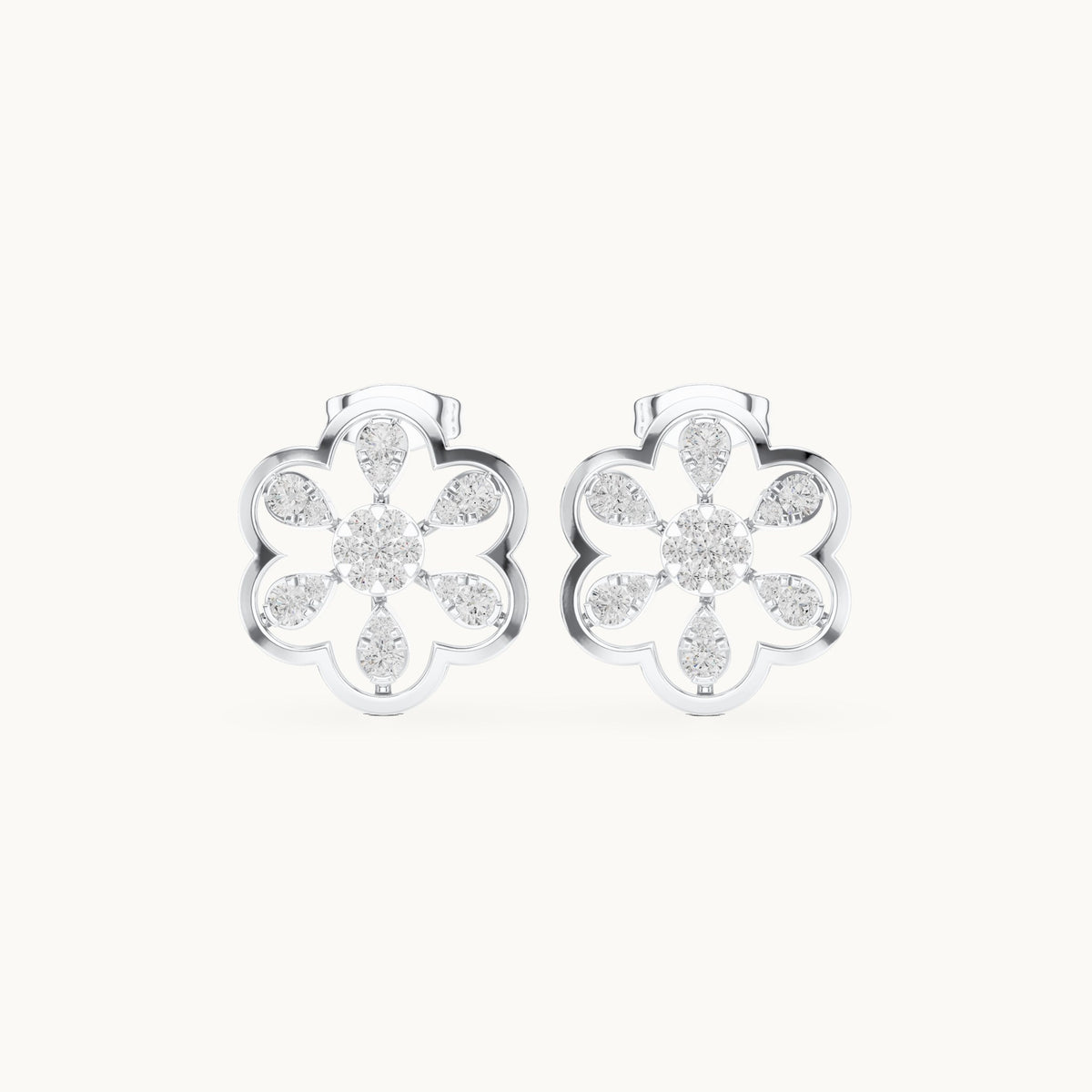 Round lab-grown diamond open flower stud earrings in white gold, 0.592 CT TW, view 4