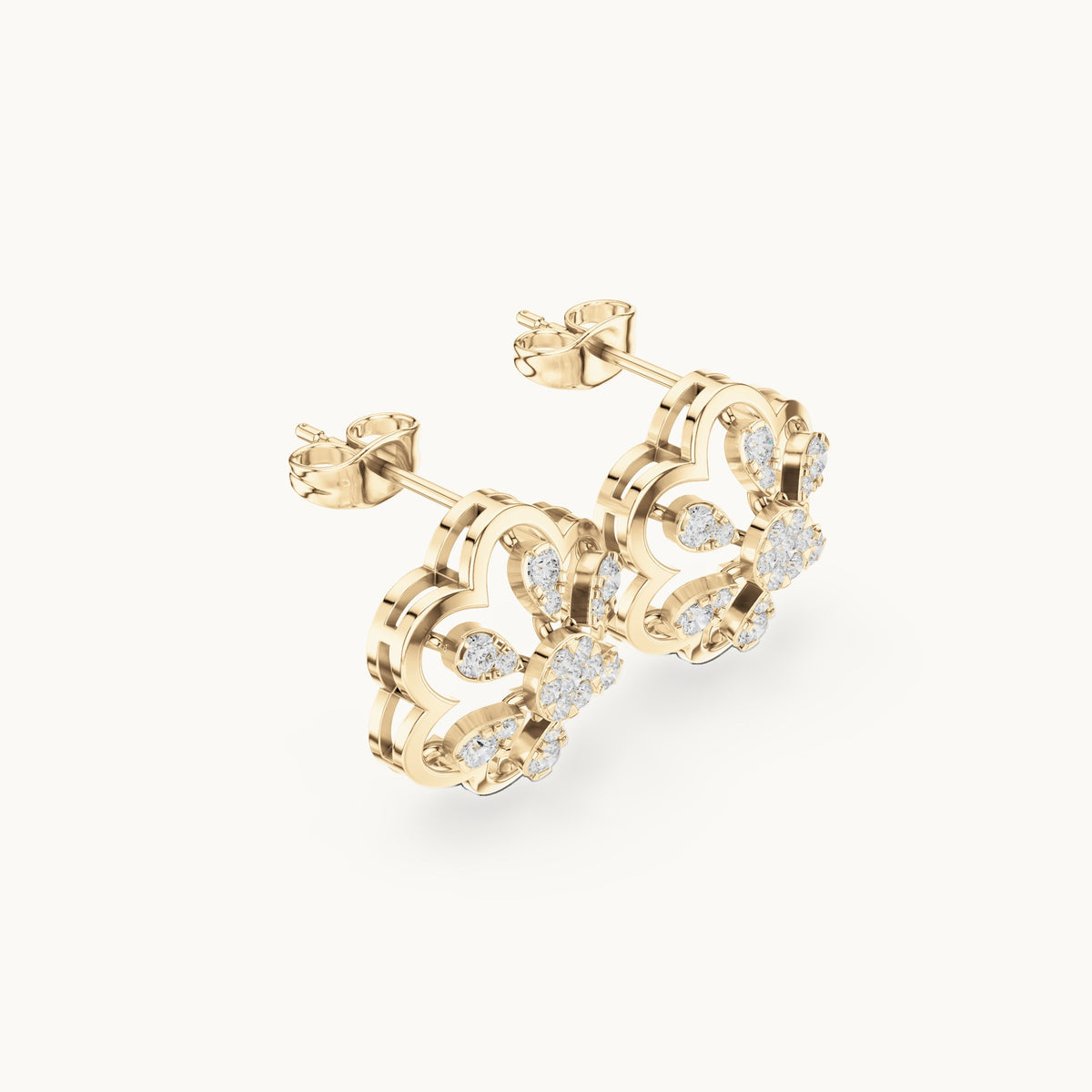 Round lab-grown diamond open flower stud earrings in yellow gold, 0.592 CT TW, view 1