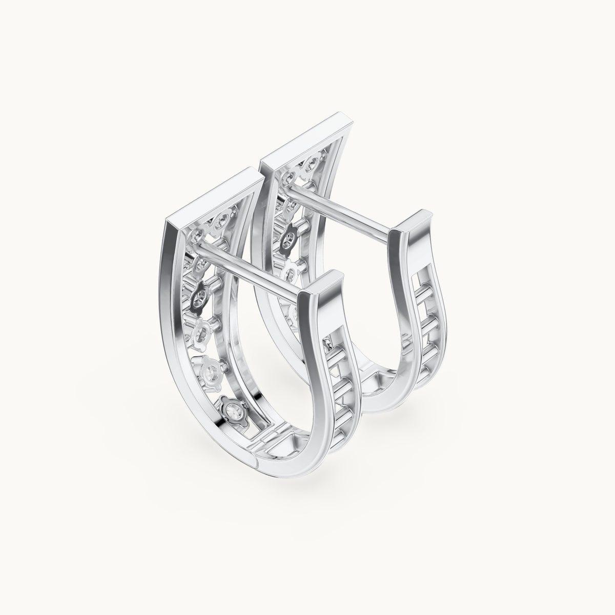 Round lab-grown diamond tapered lattice huggie hoop earrings in white gold, 0.27 CT TW, view 2