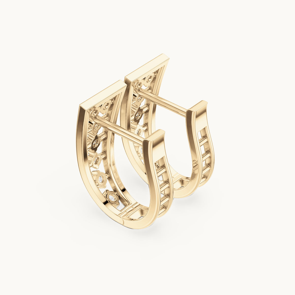Round lab-grown diamond tapered lattice huggie hoop earrings in yellow gold, 0.27 CT TW, view 2