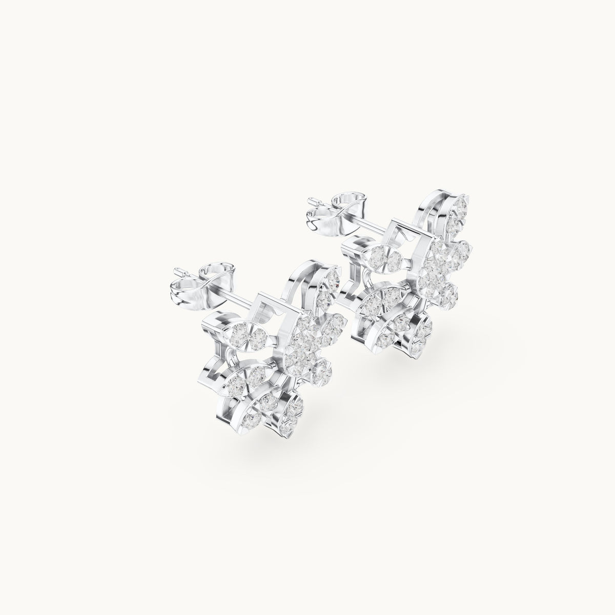 Round lab-grown diamond butterfly cluster stud earrings in white gold, 1.28 CT TW, view 1