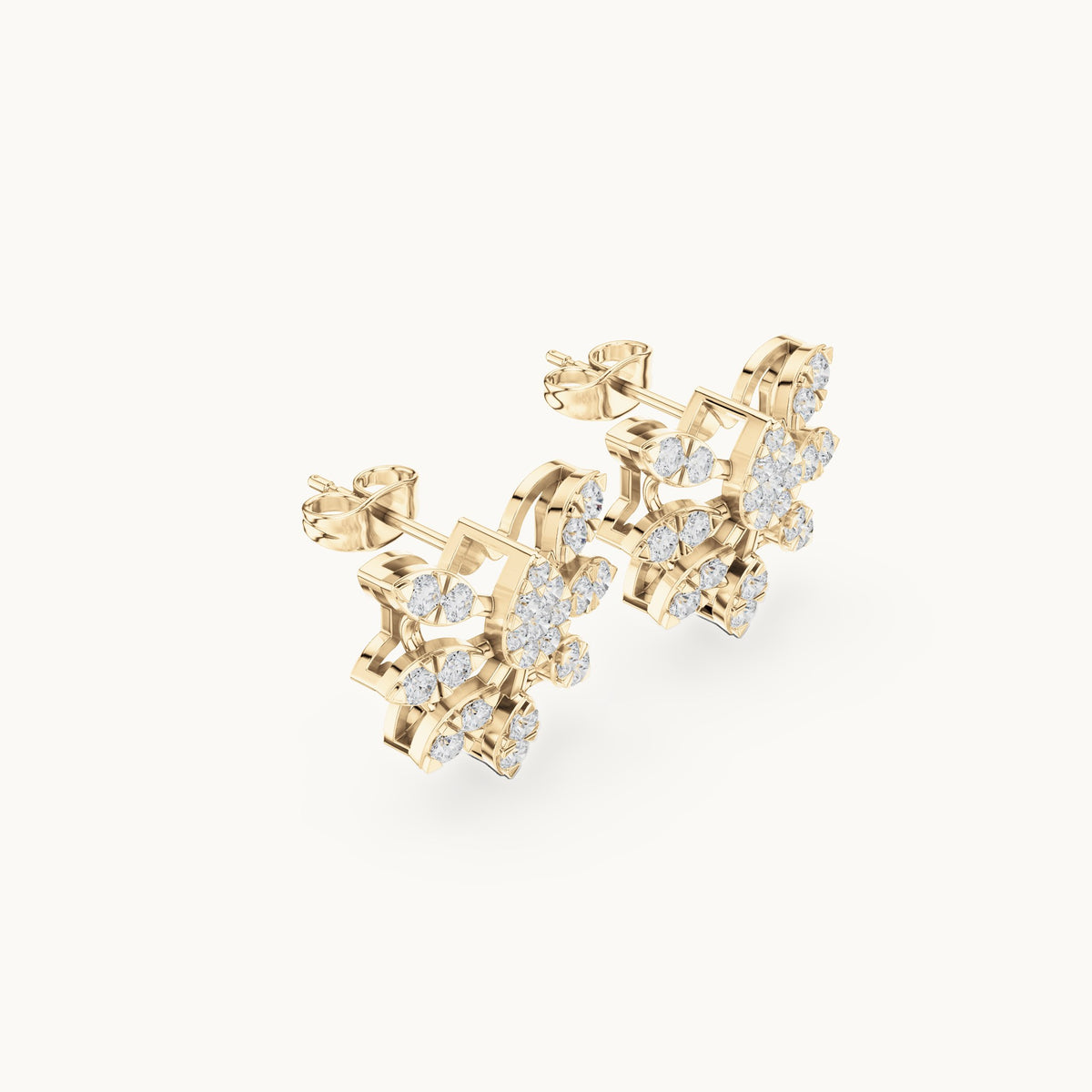 Round lab-grown diamond butterfly cluster stud earrings in yellow gold, 1.28 CT TW, view 1
