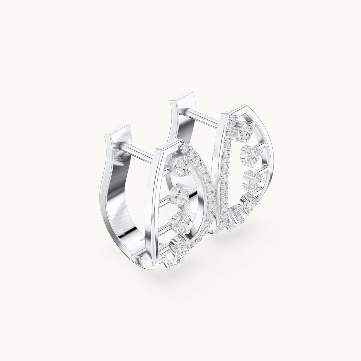 Round lab-grown diamond oval frame huggie hoop earrings in white gold, 0.43 CT TW, view 1