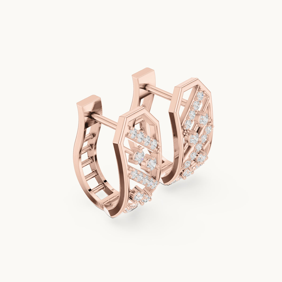 Round lab-grown diamond chevron pavé huggie hoop earrings in rose gold, 0.352 CT TW, view 1