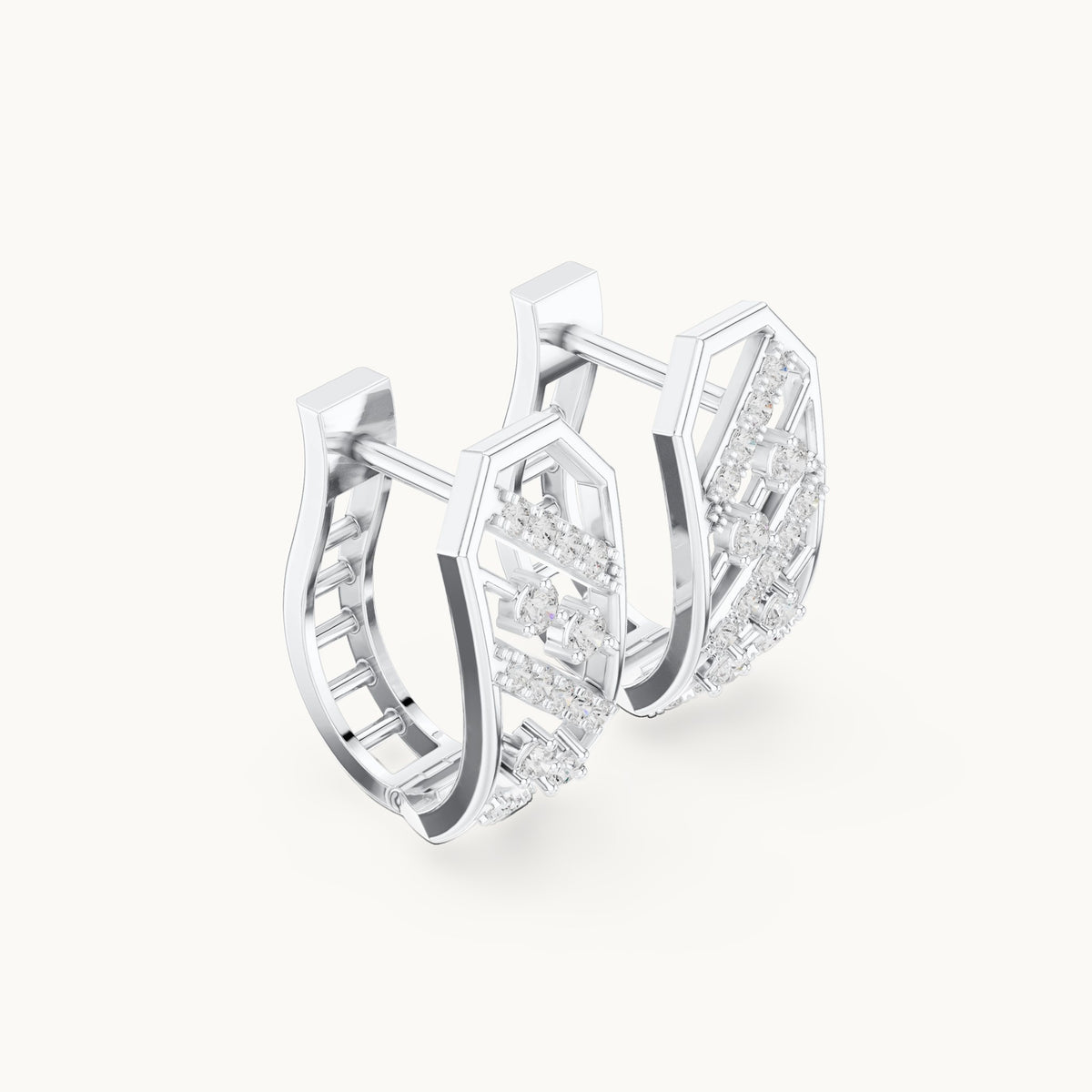 Round lab-grown diamond chevron pavé huggie hoop earrings in white gold, 0.352 CT TW, view 1