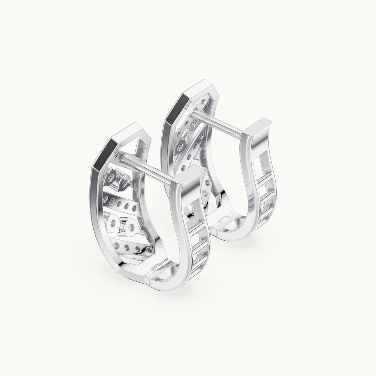 Round lab-grown diamond chevron pavé huggie hoop earrings in white gold, 0.352 CT TW, view 2