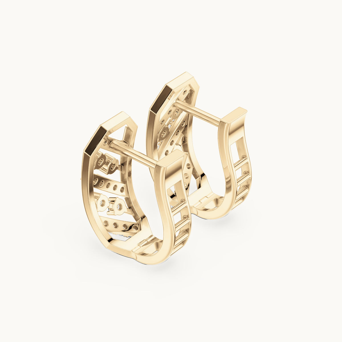Round lab-grown diamond chevron pavé huggie hoop earrings in yellow gold, 0.352 CT TW, view 2