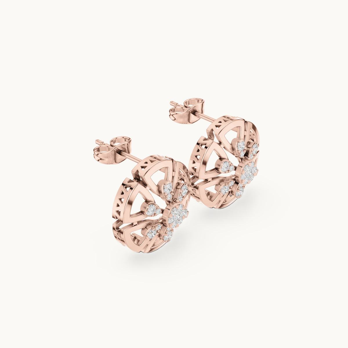 Round lab-grown diamond openwork rosette stud earrings in rose gold, 0.516 CT TW, view 1