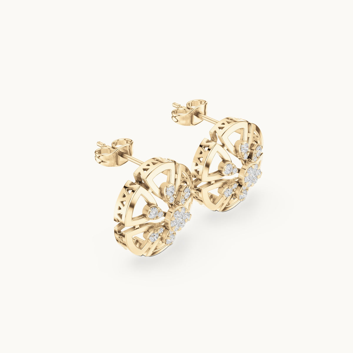 Round lab-grown diamond openwork rosette stud earrings in yellow gold, 0.516 CT TW, view 1