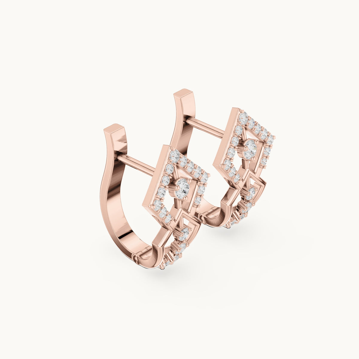 Round lab-grown diamond diamond-shape openwork huggie hoop earrings in rose gold, 0.316 CT TW, view 1