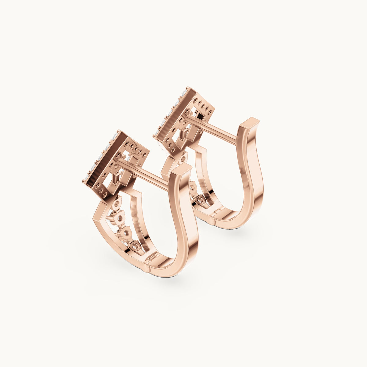 Round lab-grown diamond diamond-shape openwork huggie hoop earrings in rose gold, 0.316 CT TW, view 2