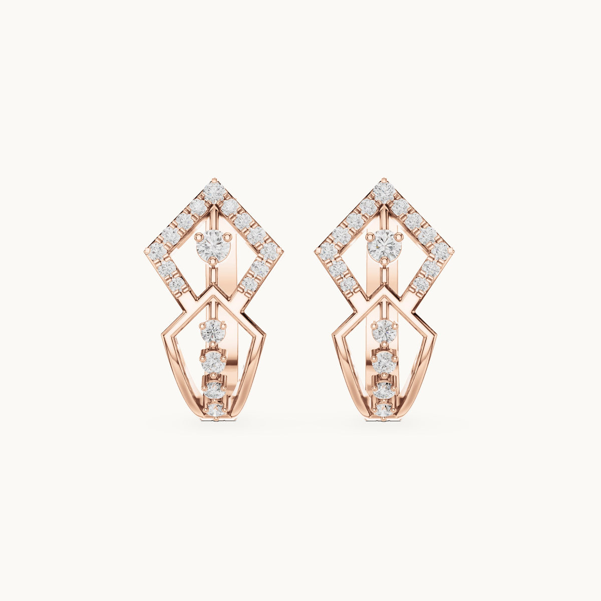 Round lab-grown diamond diamond-shape openwork huggie hoop earrings in rose gold, 0.316 CT TW, view 4