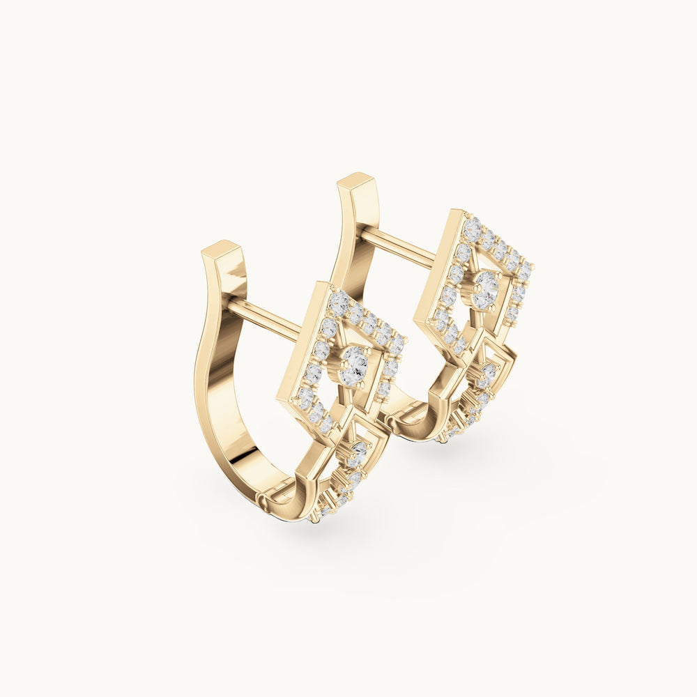 Round lab-grown diamond diamond-shape openwork huggie hoop earrings in yellow gold, 0.316 CT TW, view 1