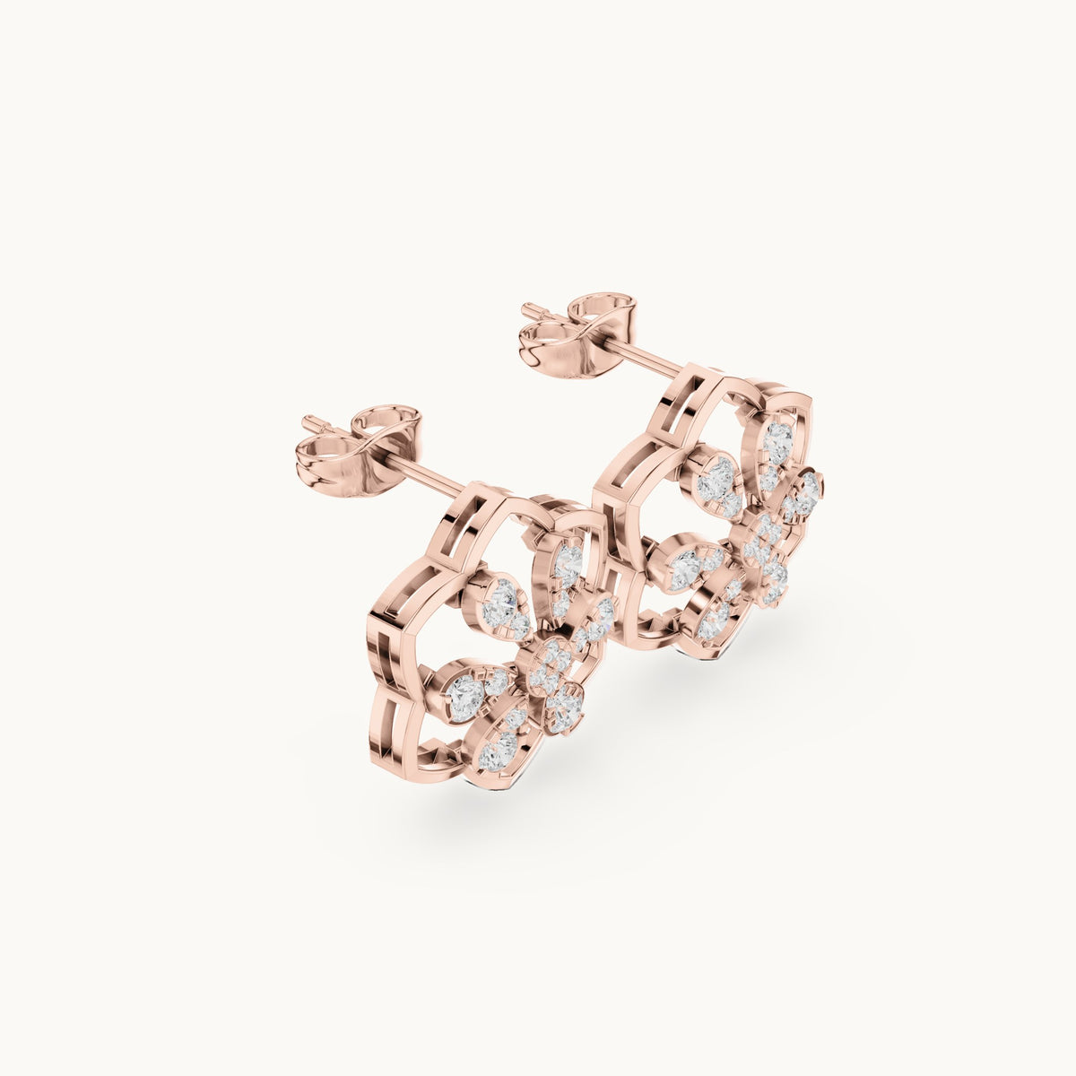 Round lab-grown diamond six-petal outline stud earrings in rose gold, 0.708 CT TW, view 1