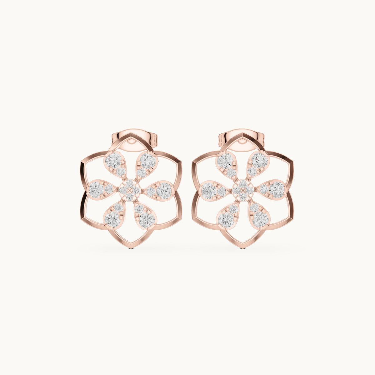 Round lab-grown diamond six-petal outline stud earrings in rose gold, 0.708 CT TW, view 4