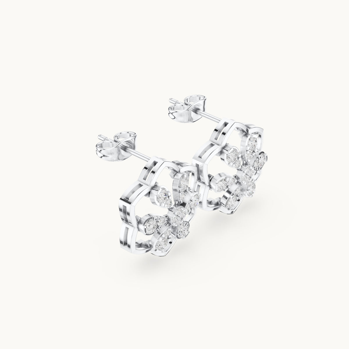 Round lab-grown diamond six-petal outline stud earrings in white gold, 0.708 CT TW, view 1