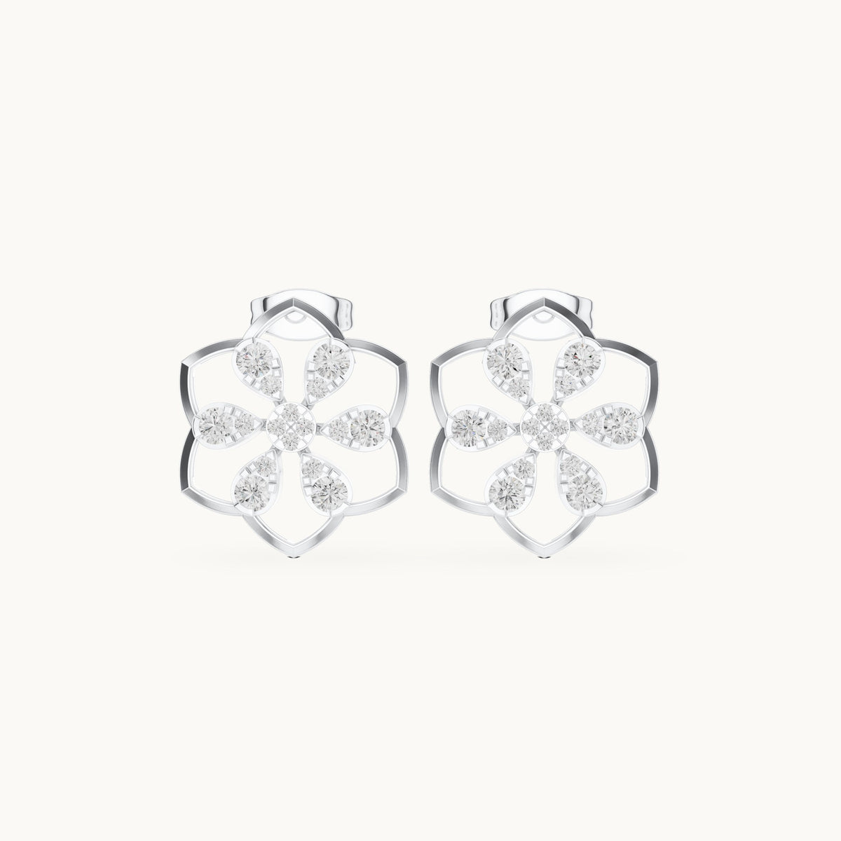 Round lab-grown diamond six-petal outline stud earrings in white gold, 0.708 CT TW, view 4