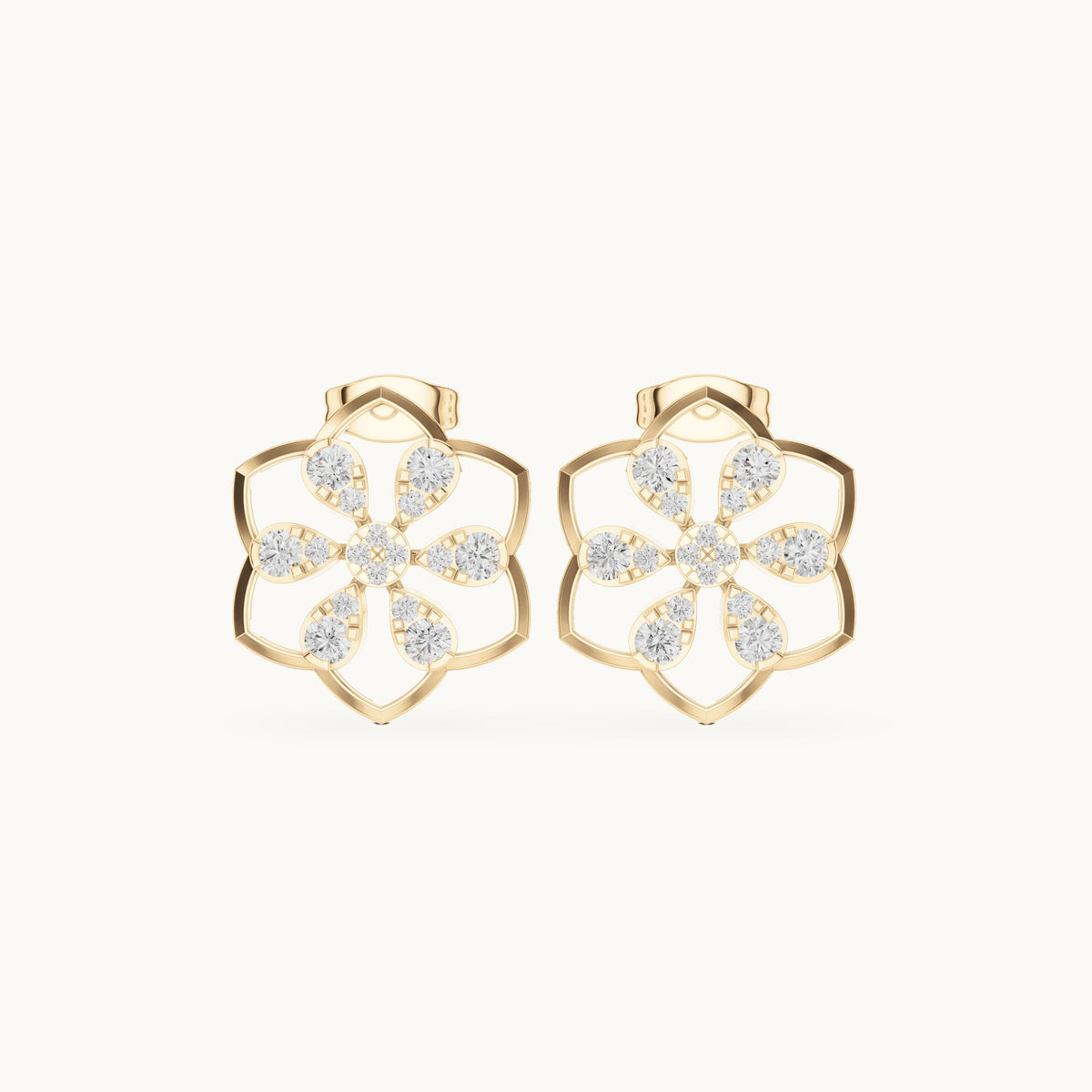Round lab-grown diamond six-petal outline stud earrings in yellow gold, 0.708 CT TW, view 4