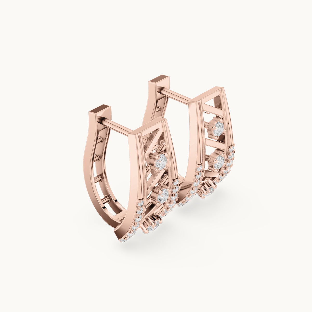 Round lab-grown diamond graduated lattice huggie earrings in rose gold, 0.342 CT TW, view 1