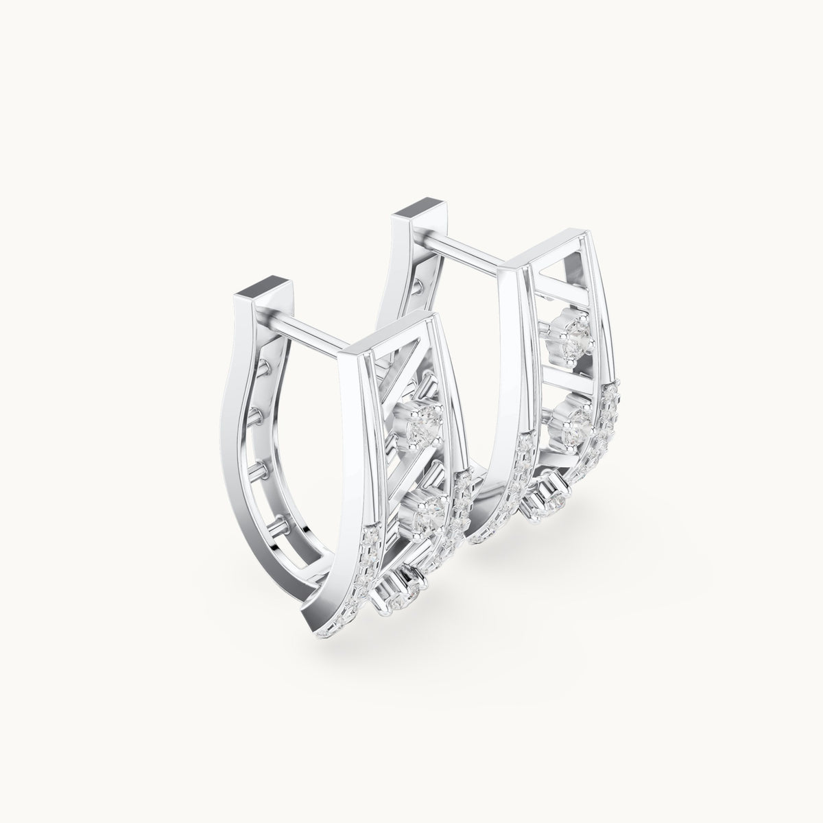 Round lab-grown diamond graduated lattice huggie earrings in white gold, 0.342 CT TW, view 1