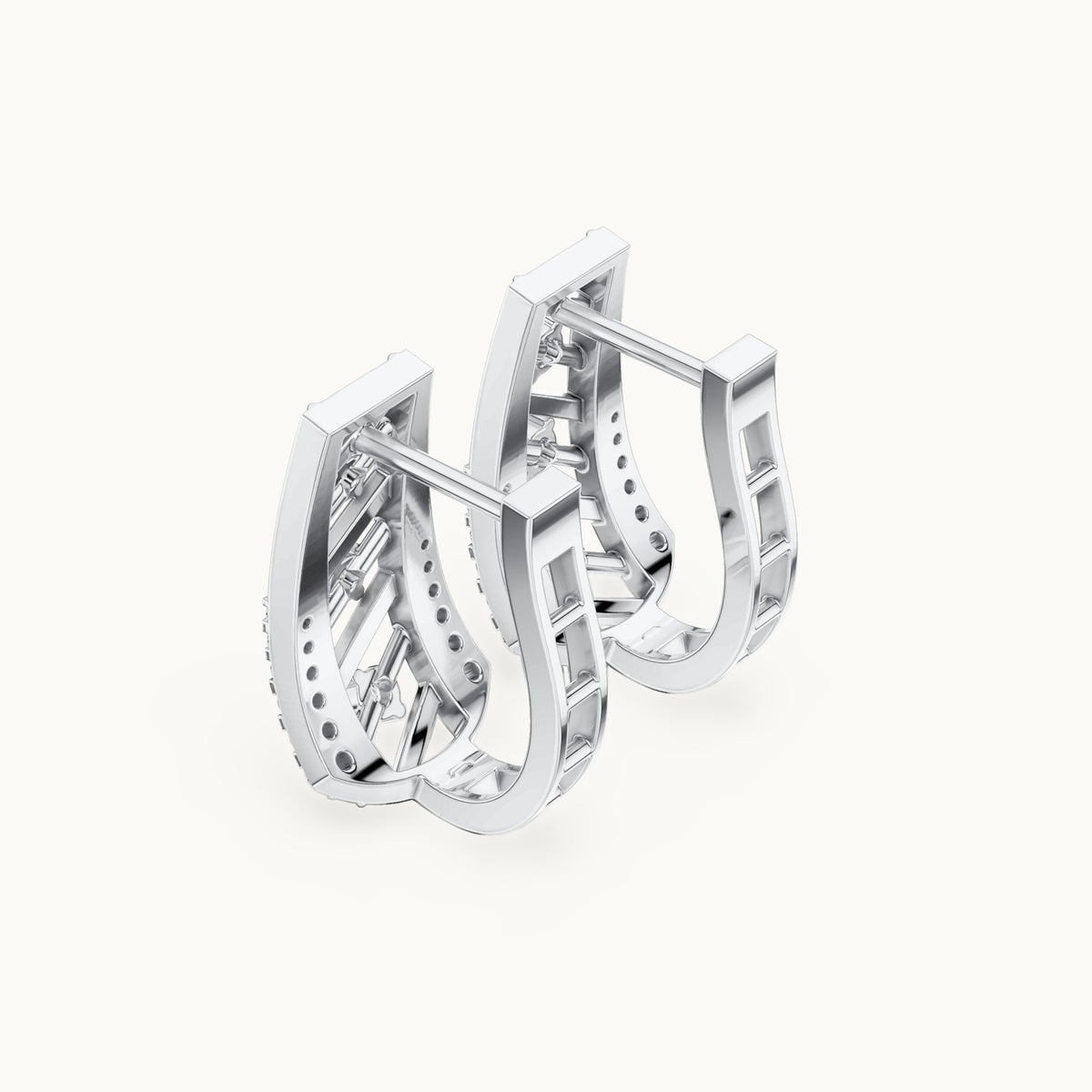 Round lab-grown diamond graduated lattice huggie earrings in white gold, 0.342 CT TW, view 2