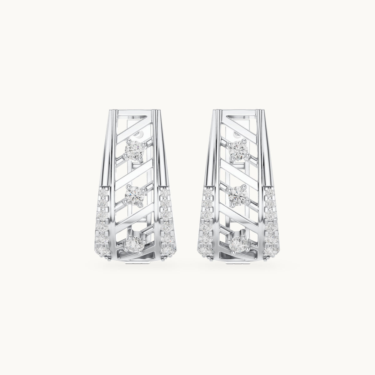 Round lab-grown diamond graduated lattice huggie earrings in white gold, 0.342 CT TW, view 4