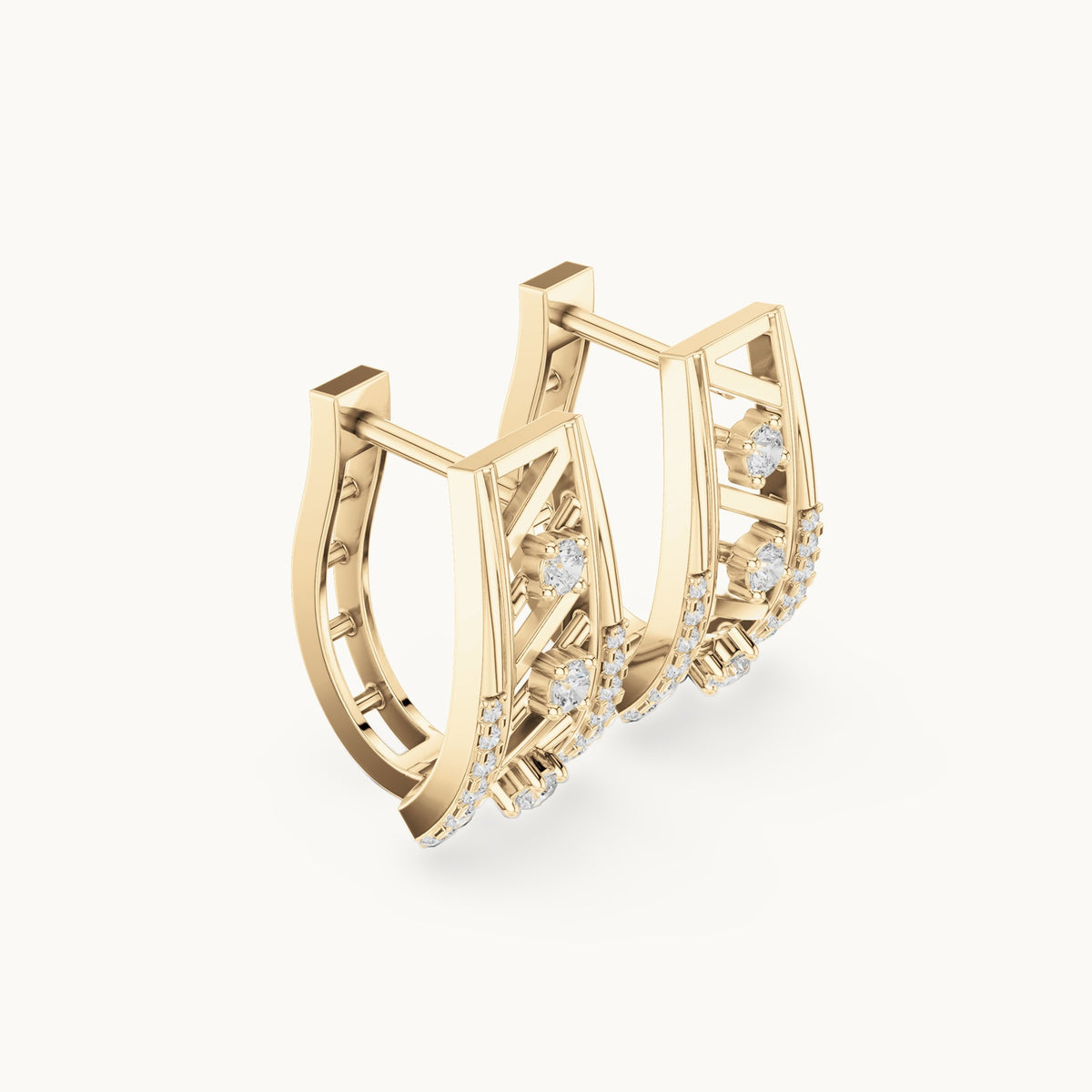Round lab-grown diamond graduated lattice huggie earrings in yellow gold, 0.342 CT TW, view 1