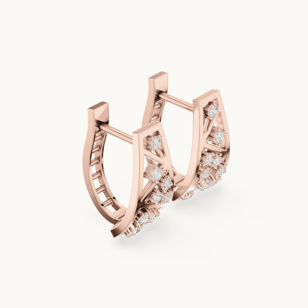 Round lab-grown diamond tiered triangle huggie hoop earrings in rose gold, 0.28 CT TW, view 1
