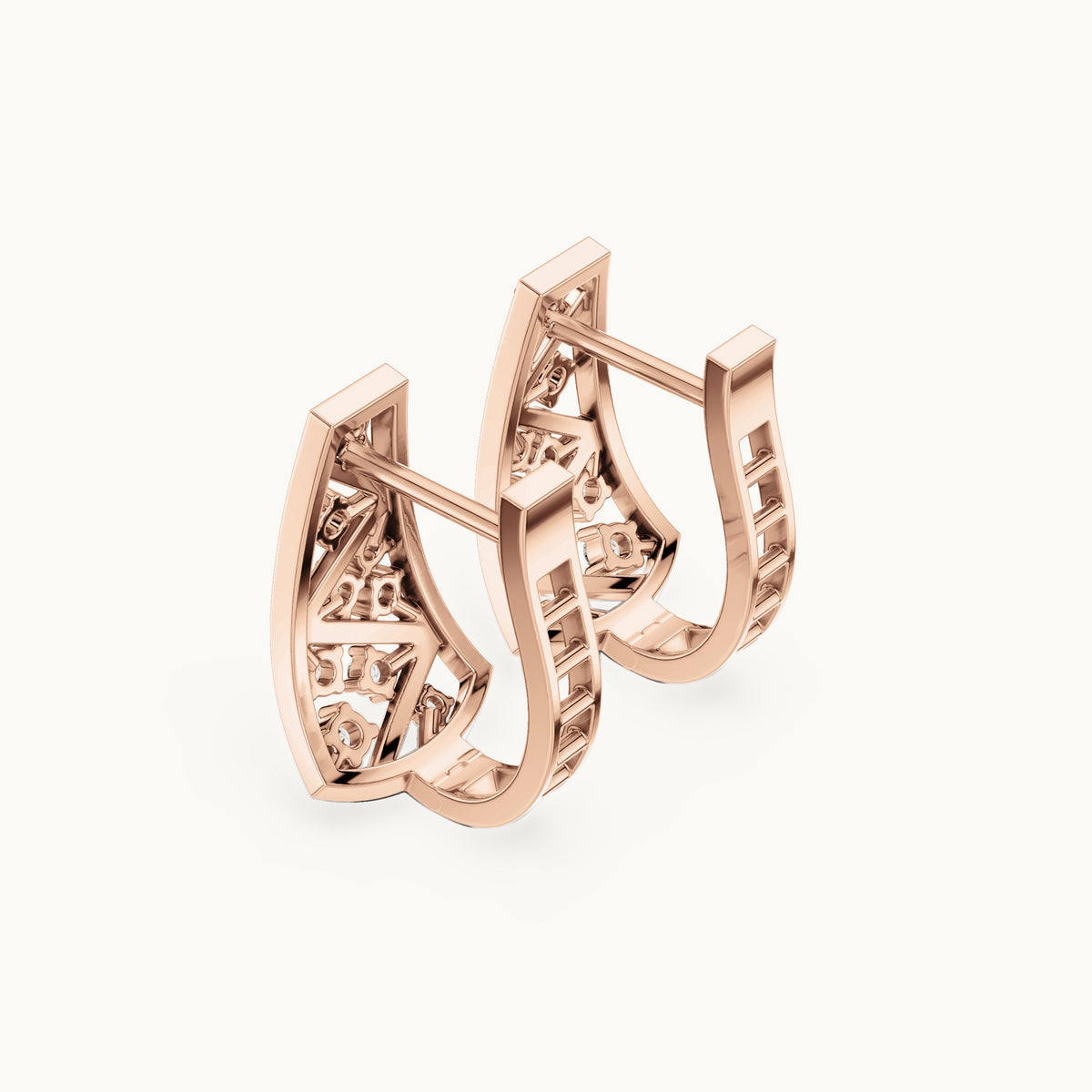 Round lab-grown diamond tiered triangle huggie hoop earrings in rose gold, 0.28 CT TW, view 2