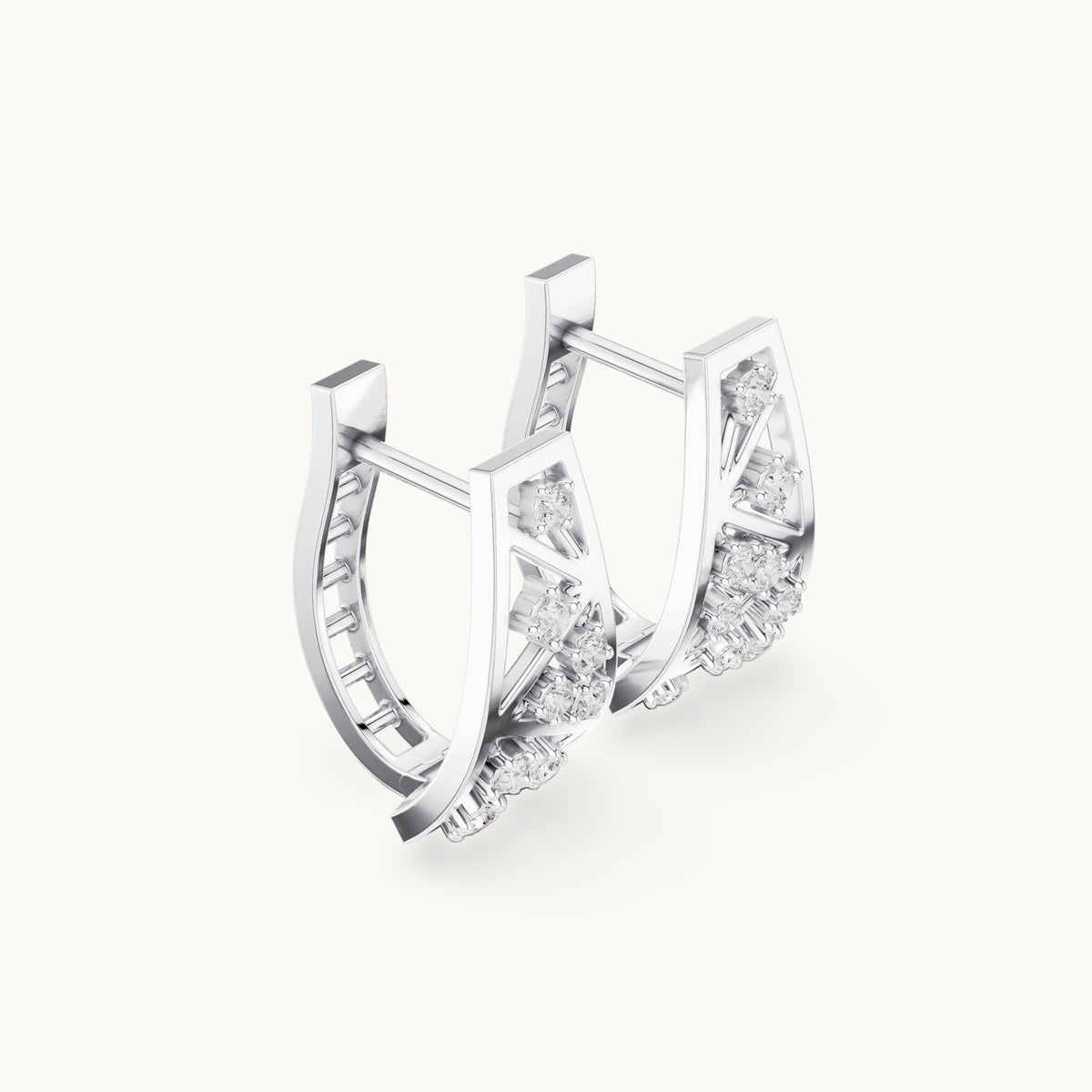 Round lab-grown diamond tiered triangle huggie hoop earrings in white gold, 0.28 CT TW, view 1