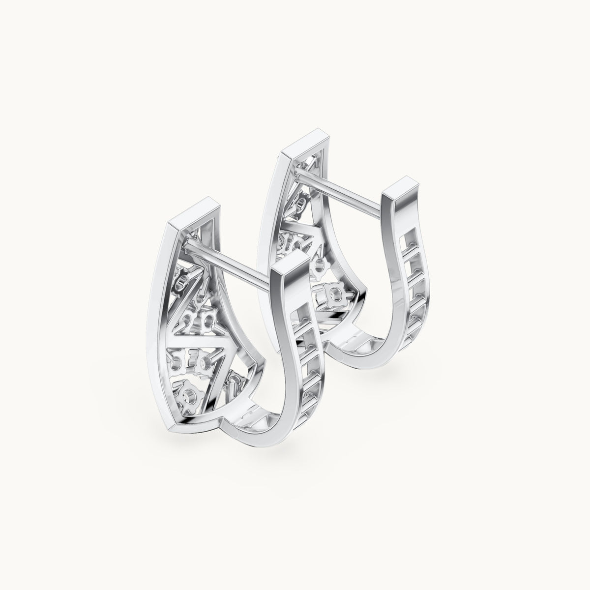 Round lab-grown diamond tiered triangle huggie hoop earrings in white gold, 0.28 CT TW, view 2