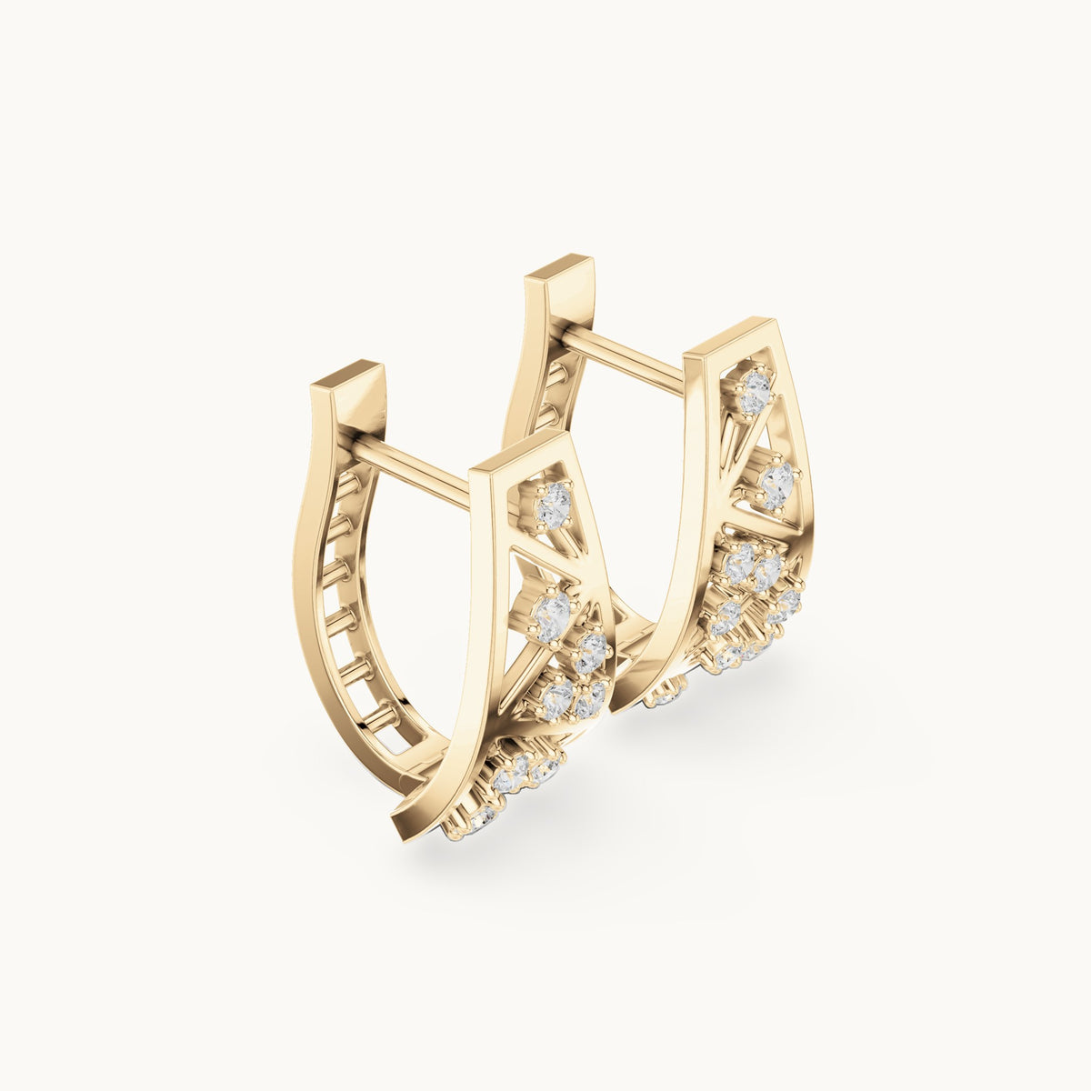 Round lab-grown diamond tiered triangle huggie hoop earrings in yellow gold, 0.28 CT TW, view 1