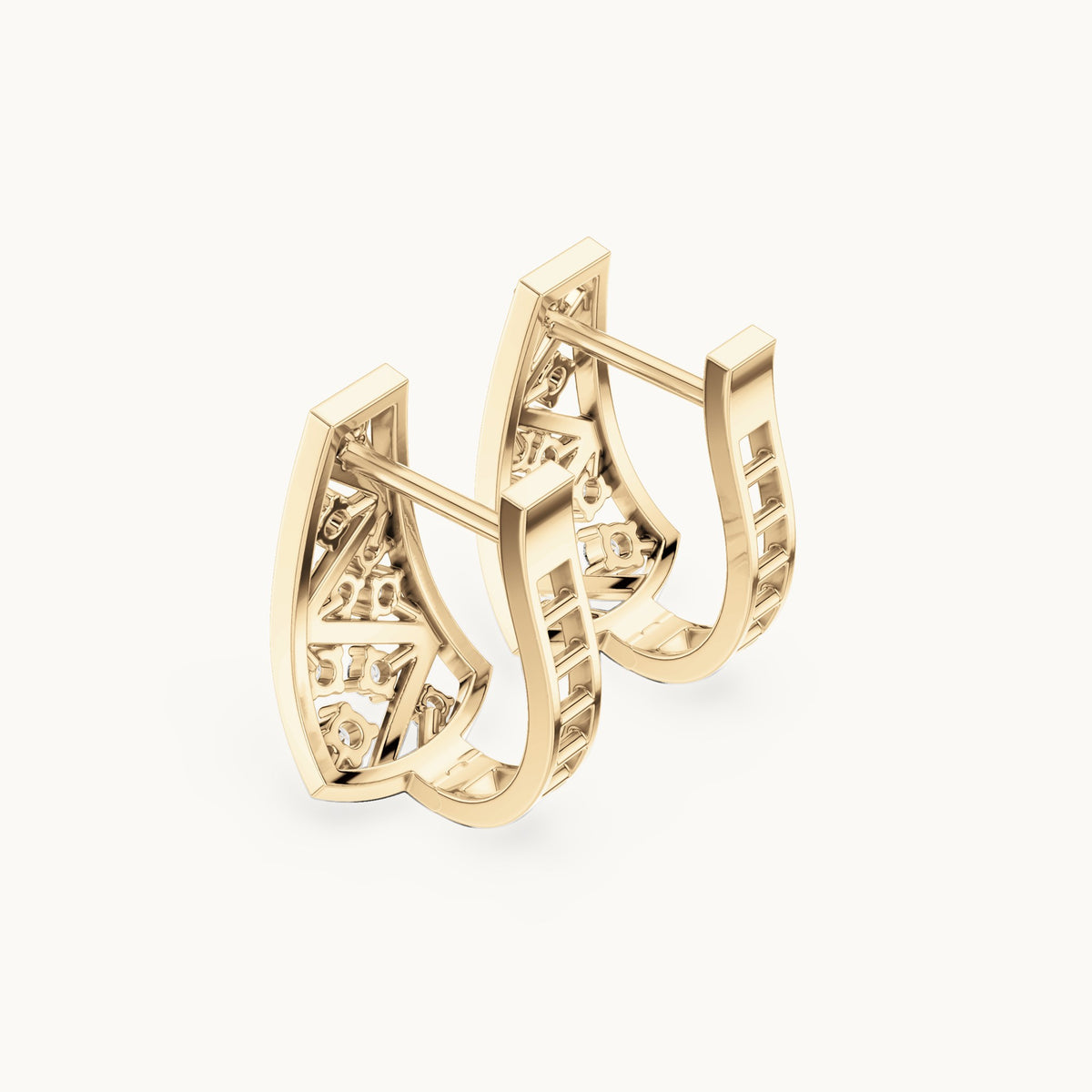 Round lab-grown diamond tiered triangle huggie hoop earrings in yellow gold, 0.28 CT TW, view 2