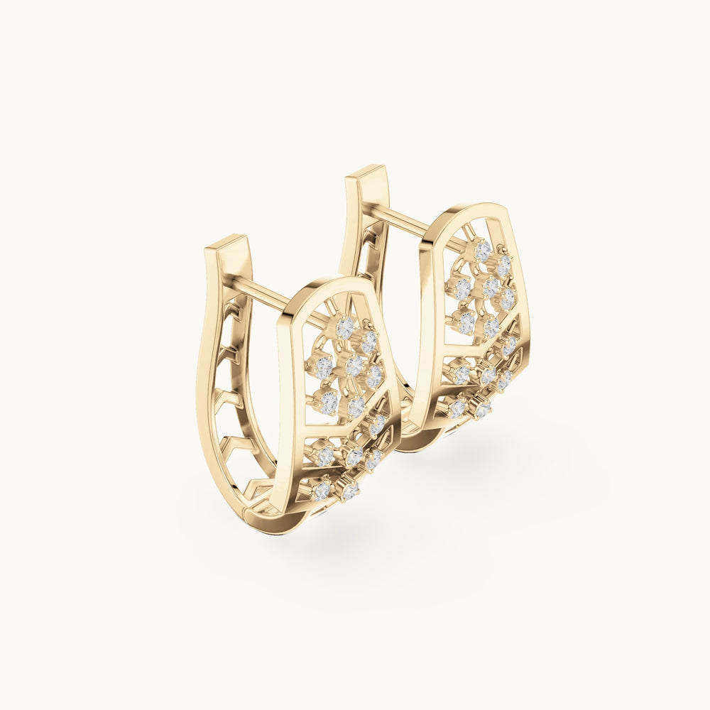 Round lab-grown diamond feather pave huggie earrings in yellow gold, 0.208 CT TW, view 1