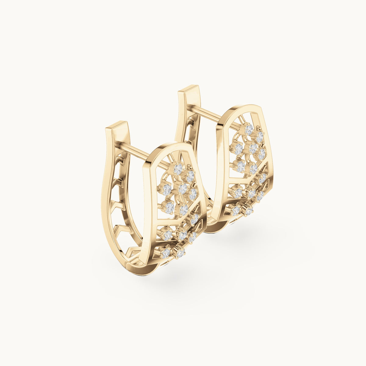 Round lab-grown diamond feather pave huggie earrings in yellow gold, 0.208 CT TW, view 1