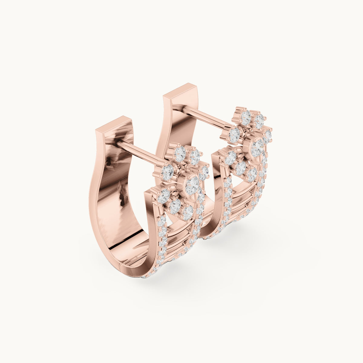 Round lab-grown diamond flower top huggie hoop earrings in rose gold, 0.614 CT TW, view 1