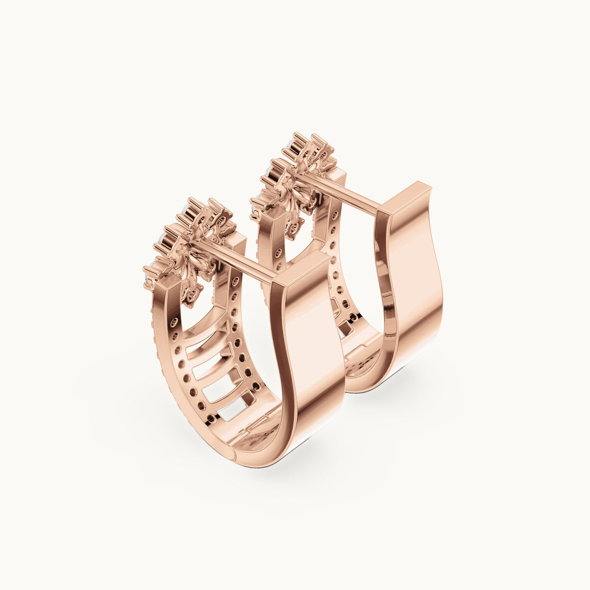 Round lab-grown diamond flower top huggie hoop earrings in rose gold, 0.614 CT TW, view 2