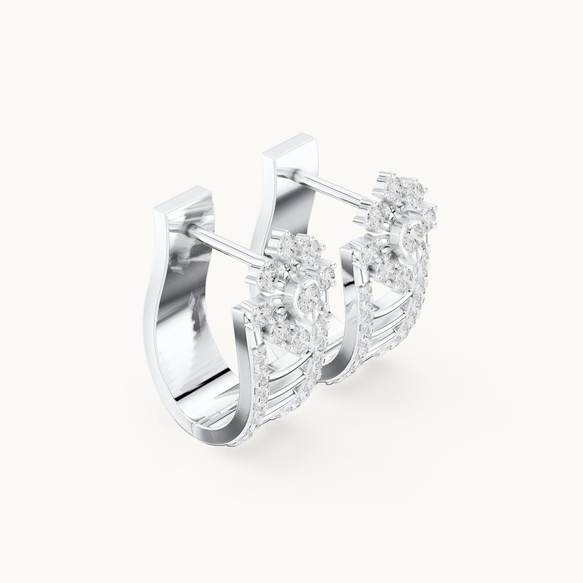 Round lab-grown diamond flower top huggie hoop earrings in white gold, 0.614 CT TW, view 1