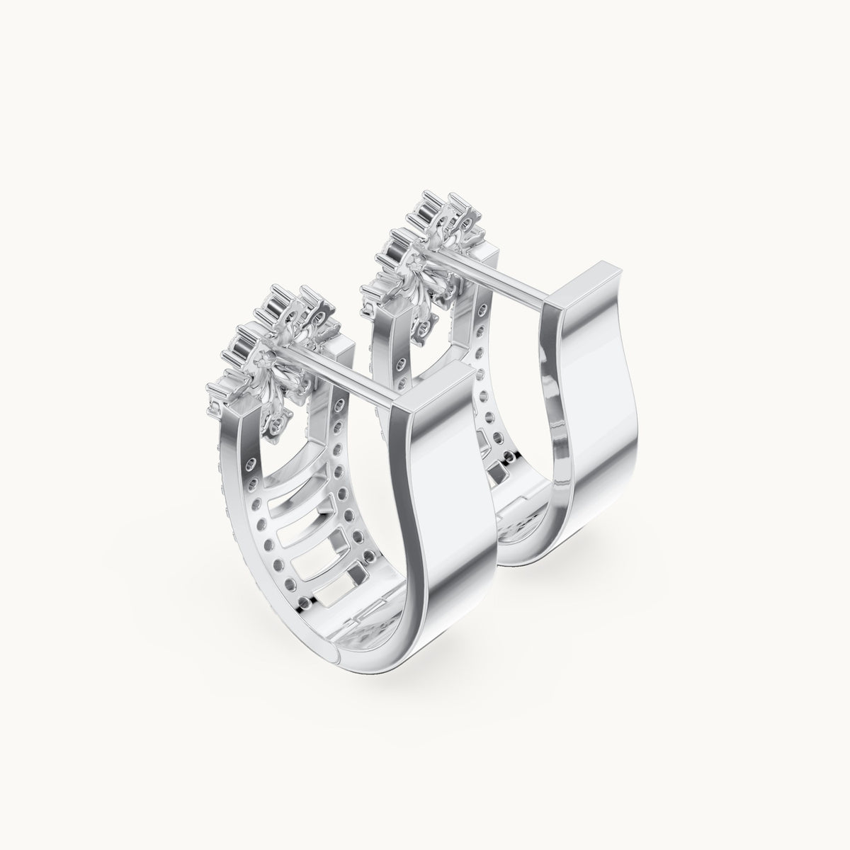 Round lab-grown diamond flower top huggie hoop earrings in white gold, 0.614 CT TW, view 2