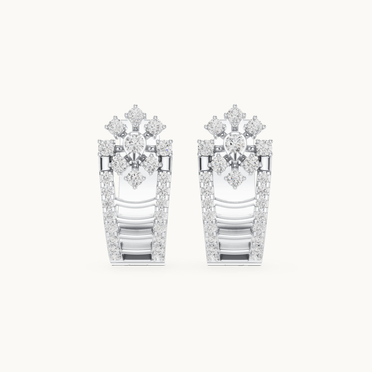 Round lab-grown diamond flower top huggie hoop earrings in white gold, 0.614 CT TW, view 4