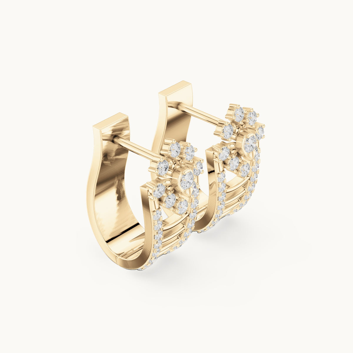 Round lab-grown diamond flower top huggie hoop earrings in yellow gold, 0.614 CT TW, view 1