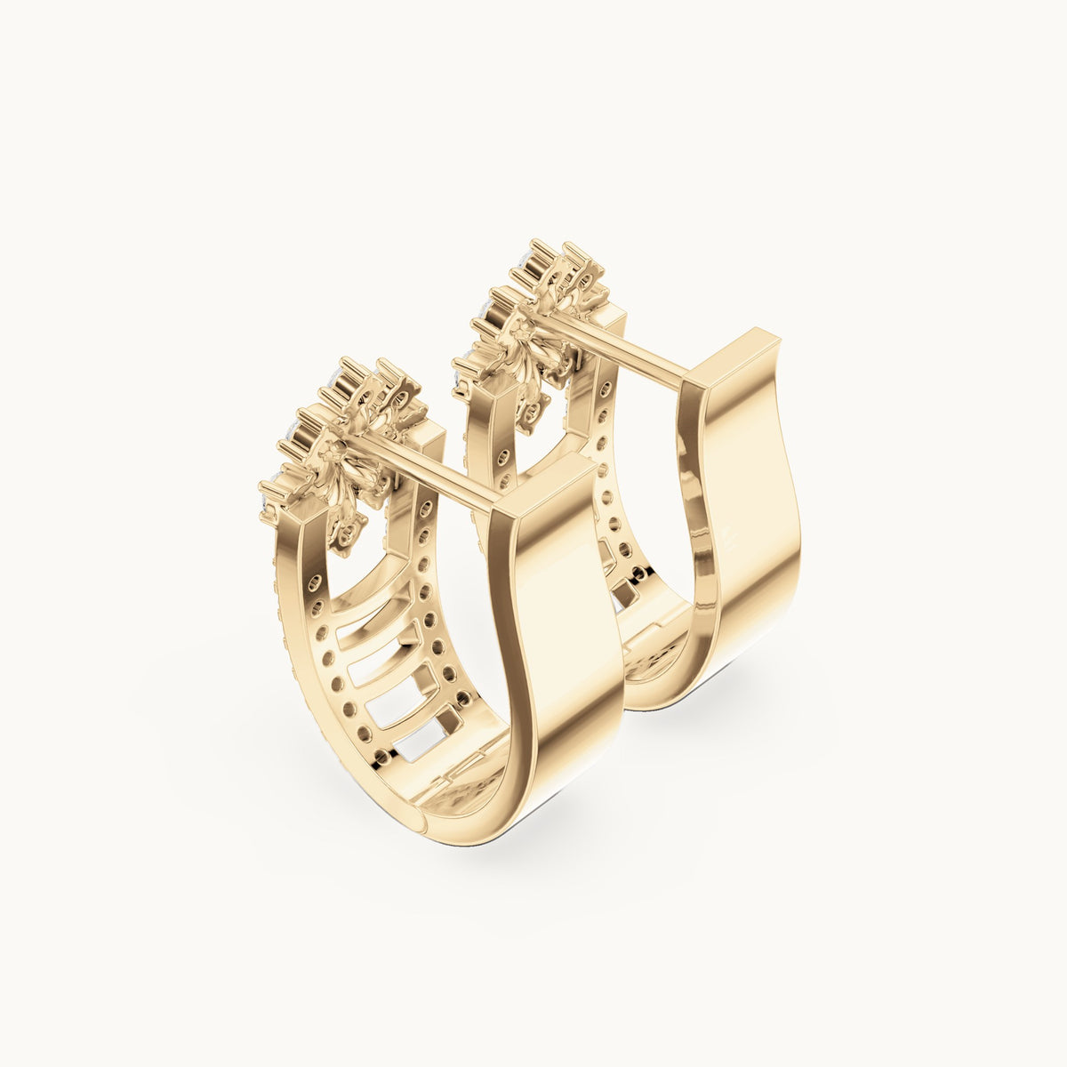 Round lab-grown diamond flower top huggie hoop earrings in yellow gold, 0.614 CT TW, view 2
