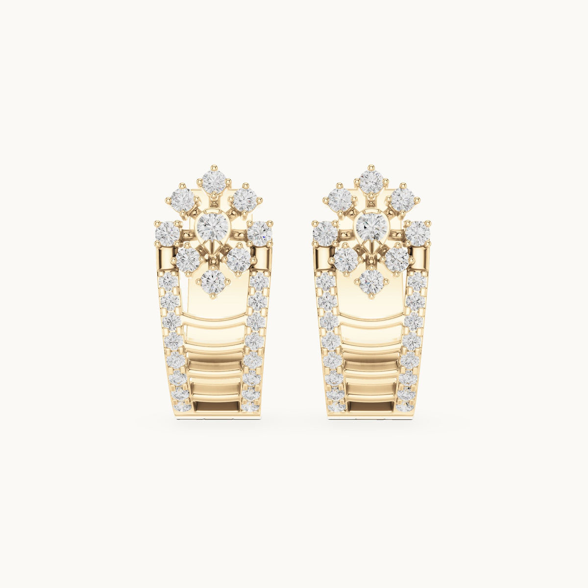 Round lab-grown diamond flower top huggie hoop earrings in yellow gold, 0.614 CT TW, view 4