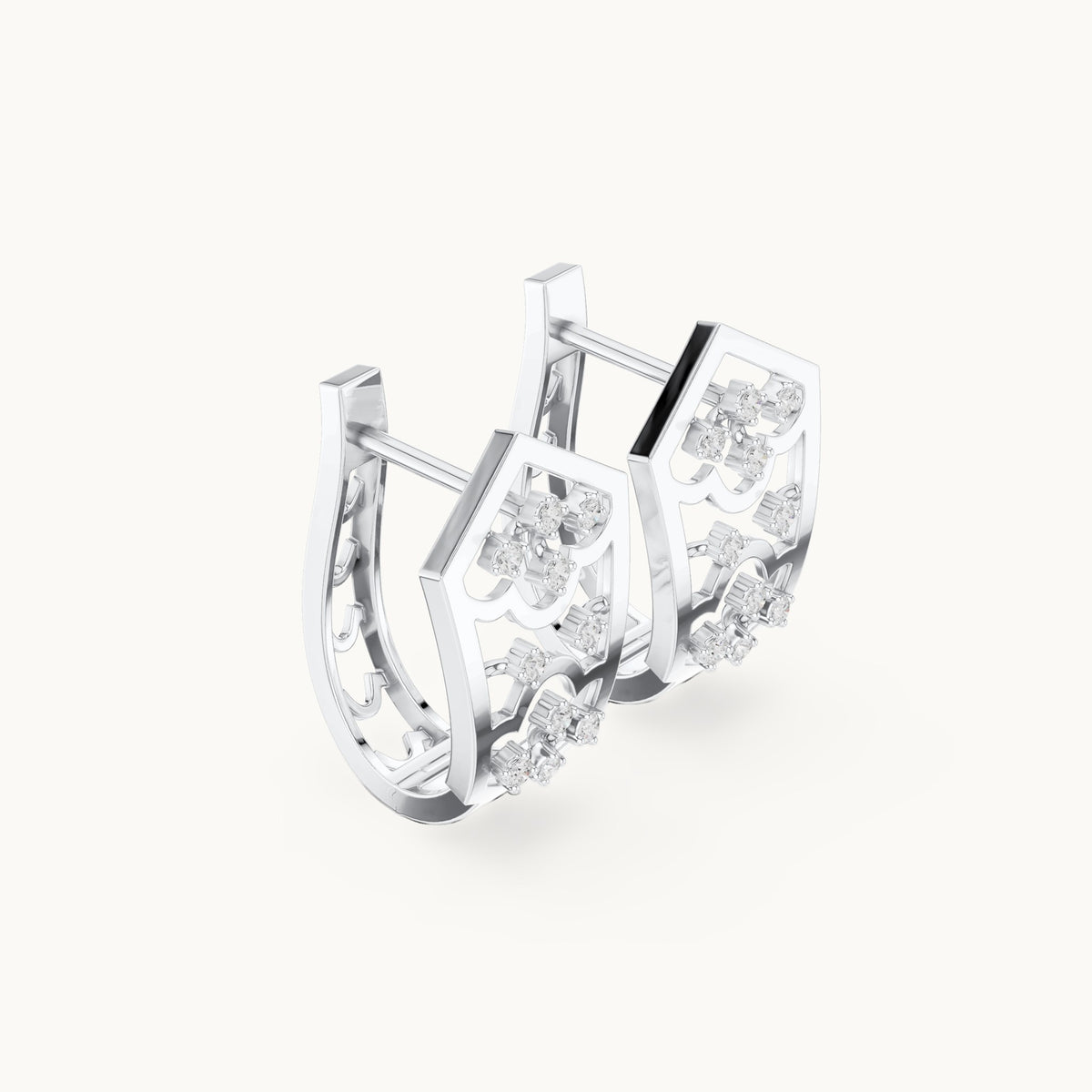 Round lab-grown diamond petal openwork huggie hoop earrings in white gold, 0.16 CT TW, view 1
