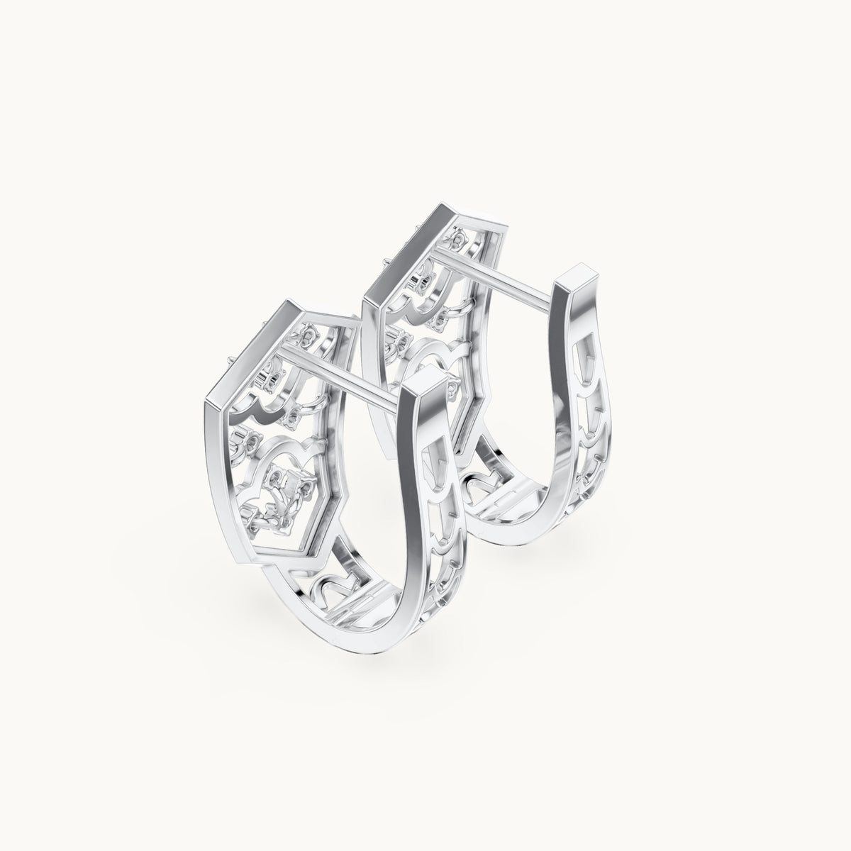 Round lab-grown diamond petal openwork huggie hoop earrings in white gold, 0.16 CT TW, view 2