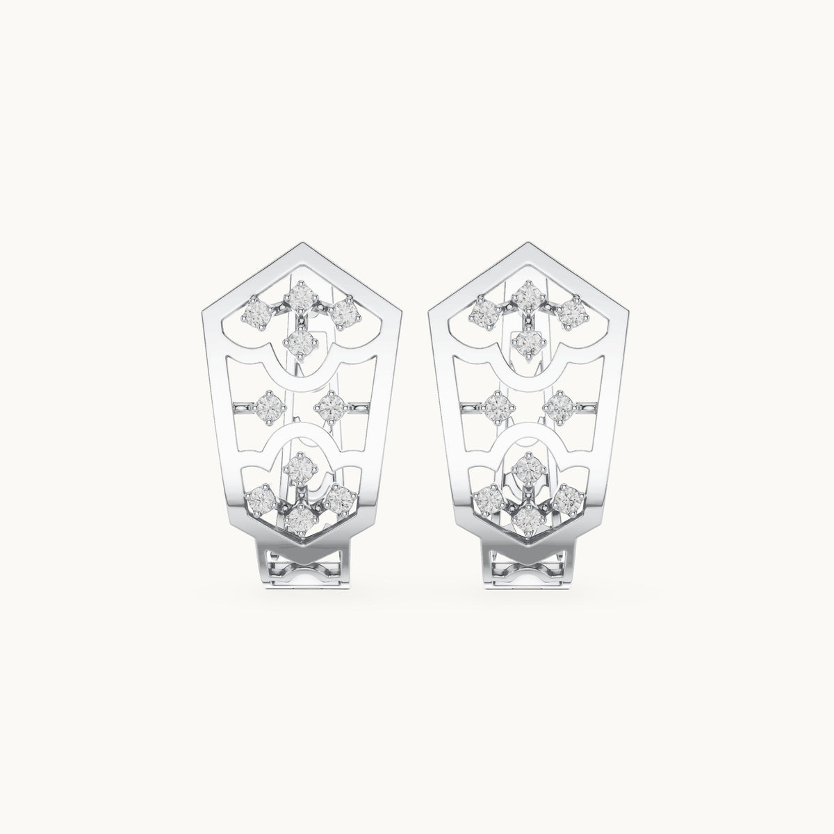 Round lab-grown diamond petal openwork huggie hoop earrings in white gold, 0.16 CT TW, view 4