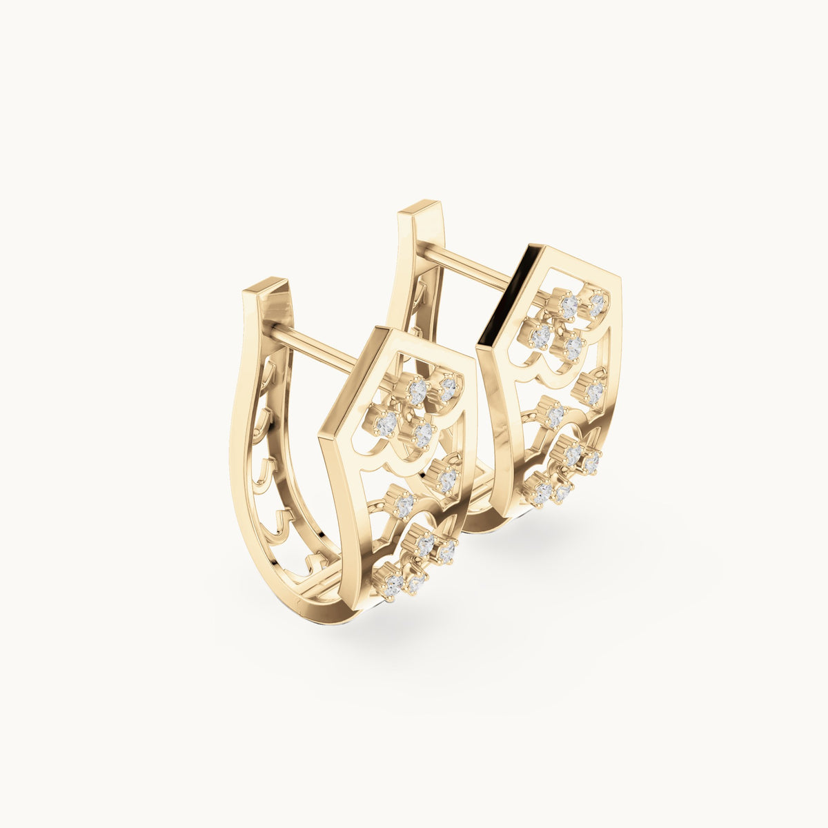 Round lab-grown diamond petal openwork huggie hoop earrings in yellow gold, 0.16 CT TW, view 1