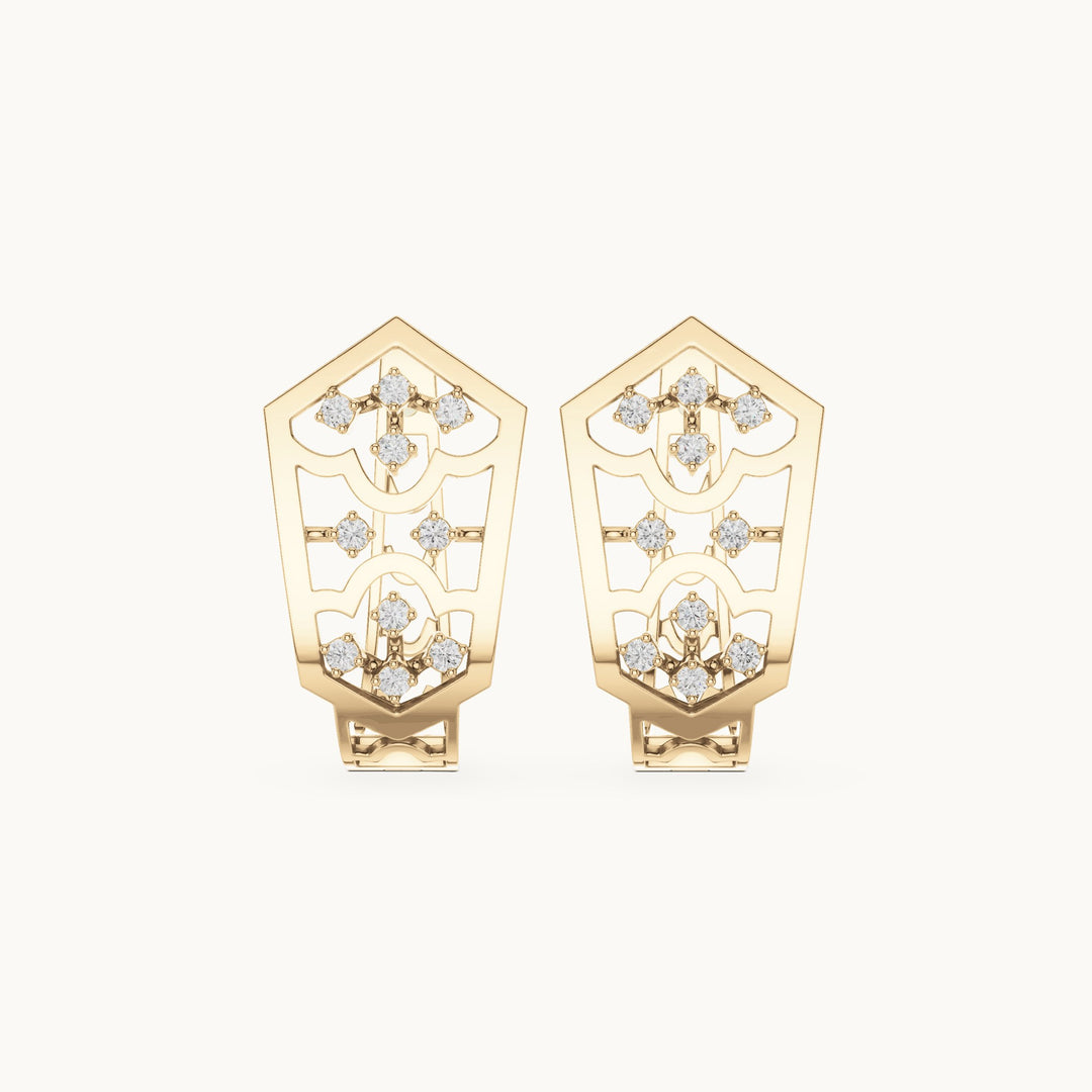 Round lab-grown diamond petal openwork huggie hoop earrings in yellow gold, 0.16 CT TW, view 4